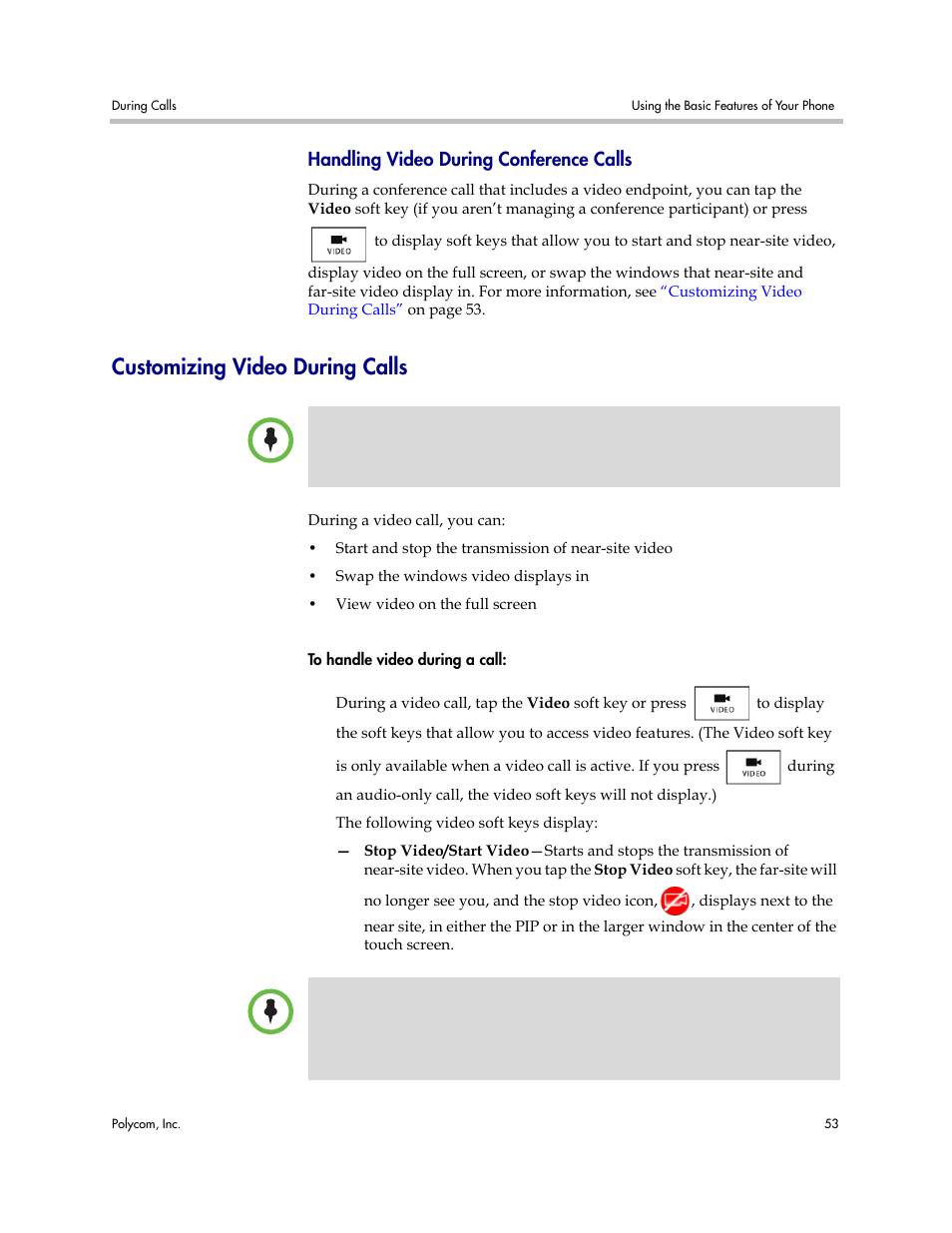 Handling video during conference calls, Customizing video during calls, Customizing video | During calls | Polycom VVX 1500 Business Media Phone User Manual | Page 59 / 174