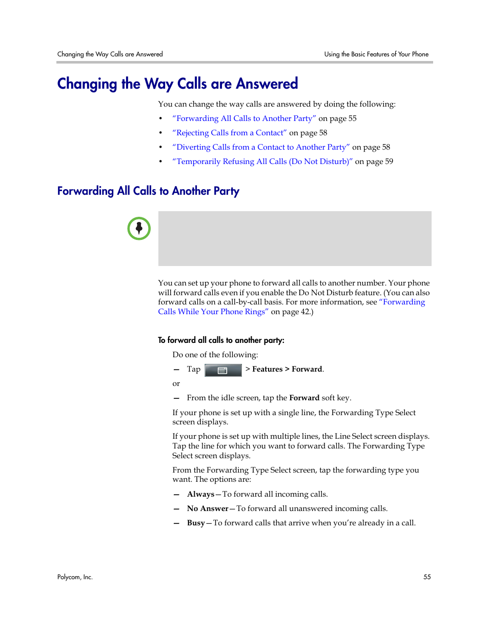 Changing the way calls are answered, Forwarding all calls to another party | Polycom VVX 1500 Business Media Phone User Manual | Page 61 / 174