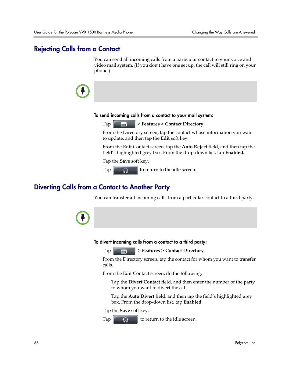 Rejecting calls from a contact, Diverting calls from a contact to another party, Diverting calls from a contact to | Another party | Polycom VVX 1500 Business Media Phone User Manual | Page 64 / 174