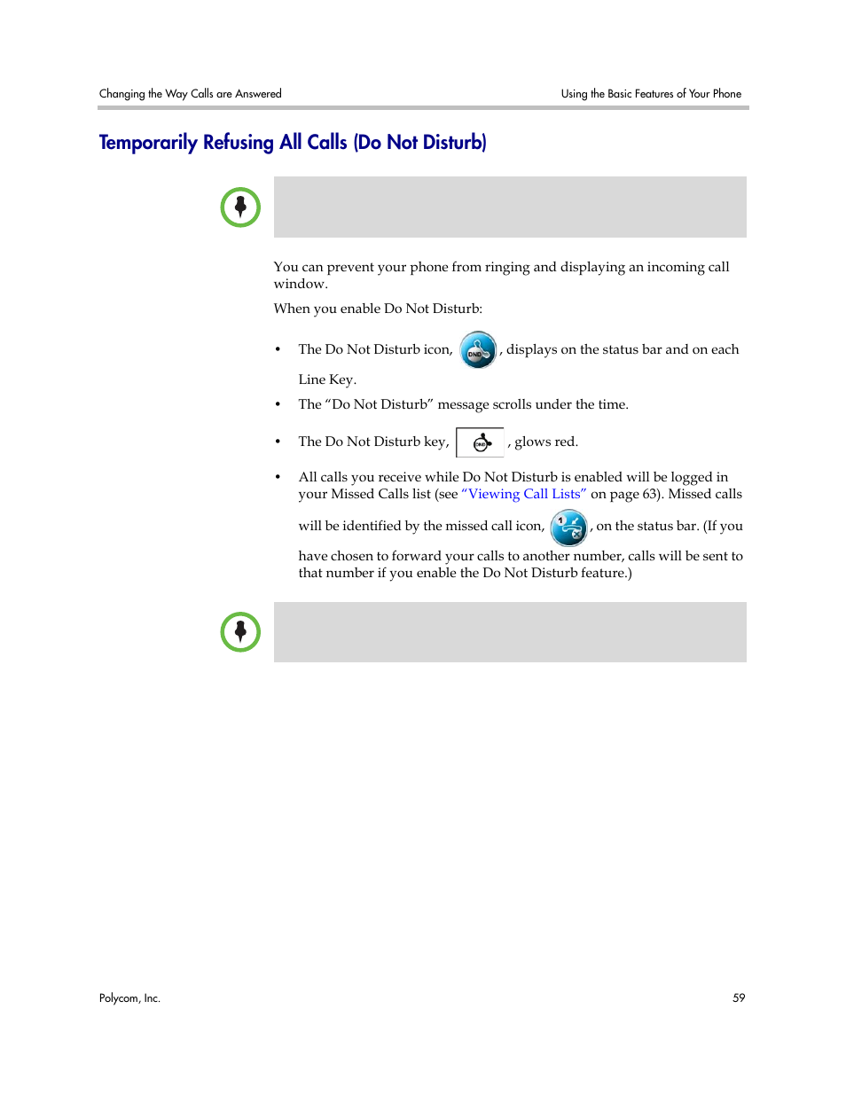 Temporarily refusing all calls (do not disturb) | Polycom VVX 1500 Business Media Phone User Manual | Page 65 / 174