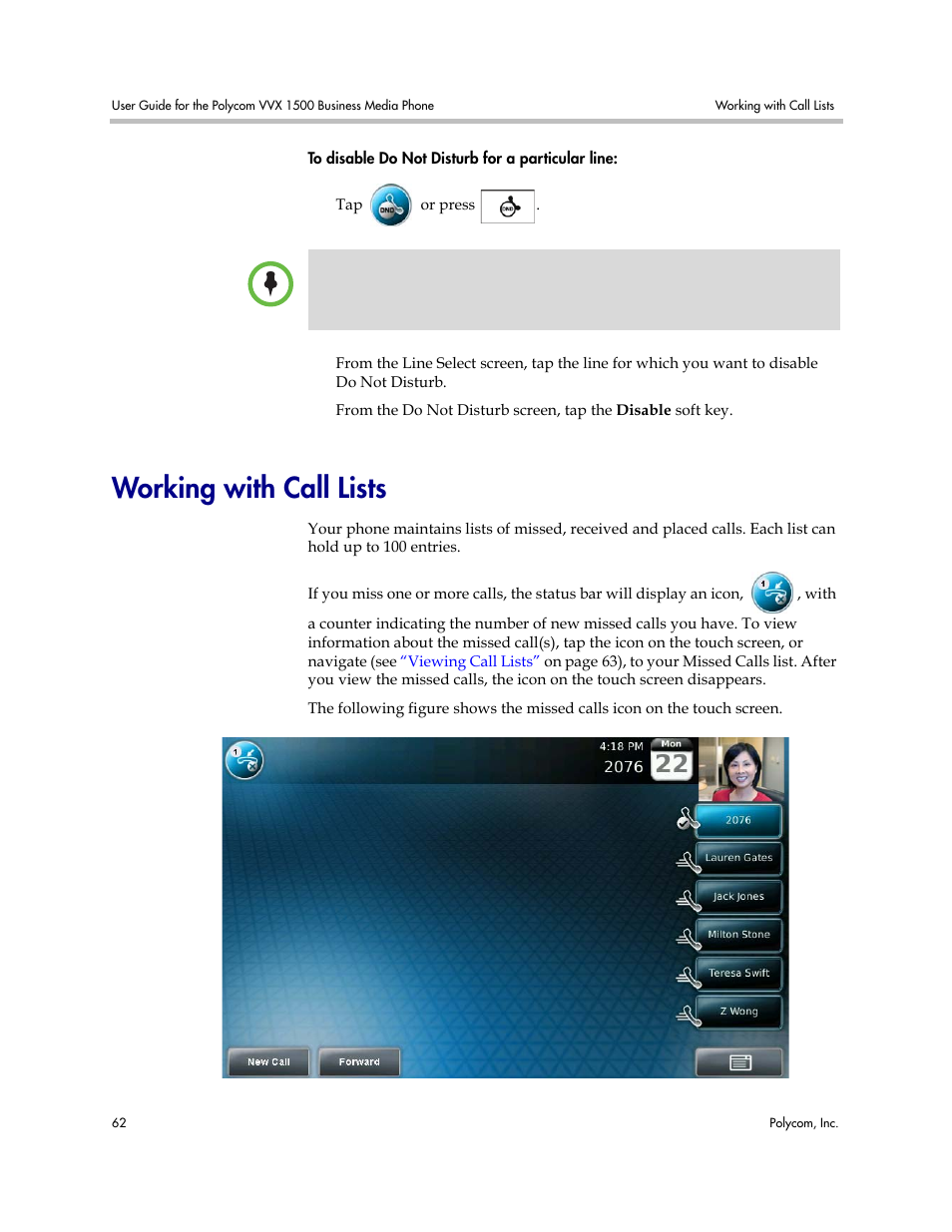 Working with call lists | Polycom VVX 1500 Business Media Phone User Manual | Page 68 / 174