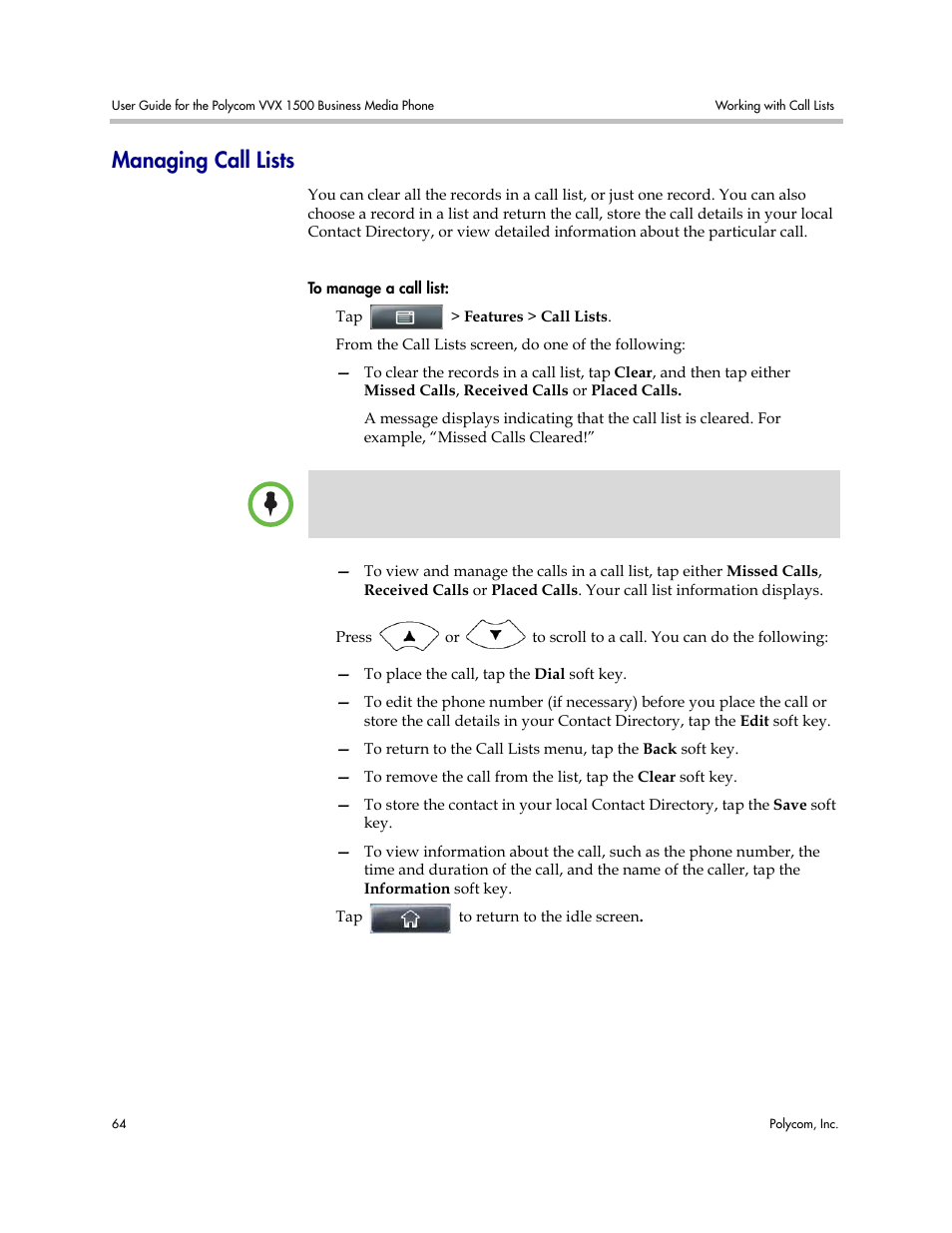 Managing call lists | Polycom VVX 1500 Business Media Phone User Manual | Page 70 / 174