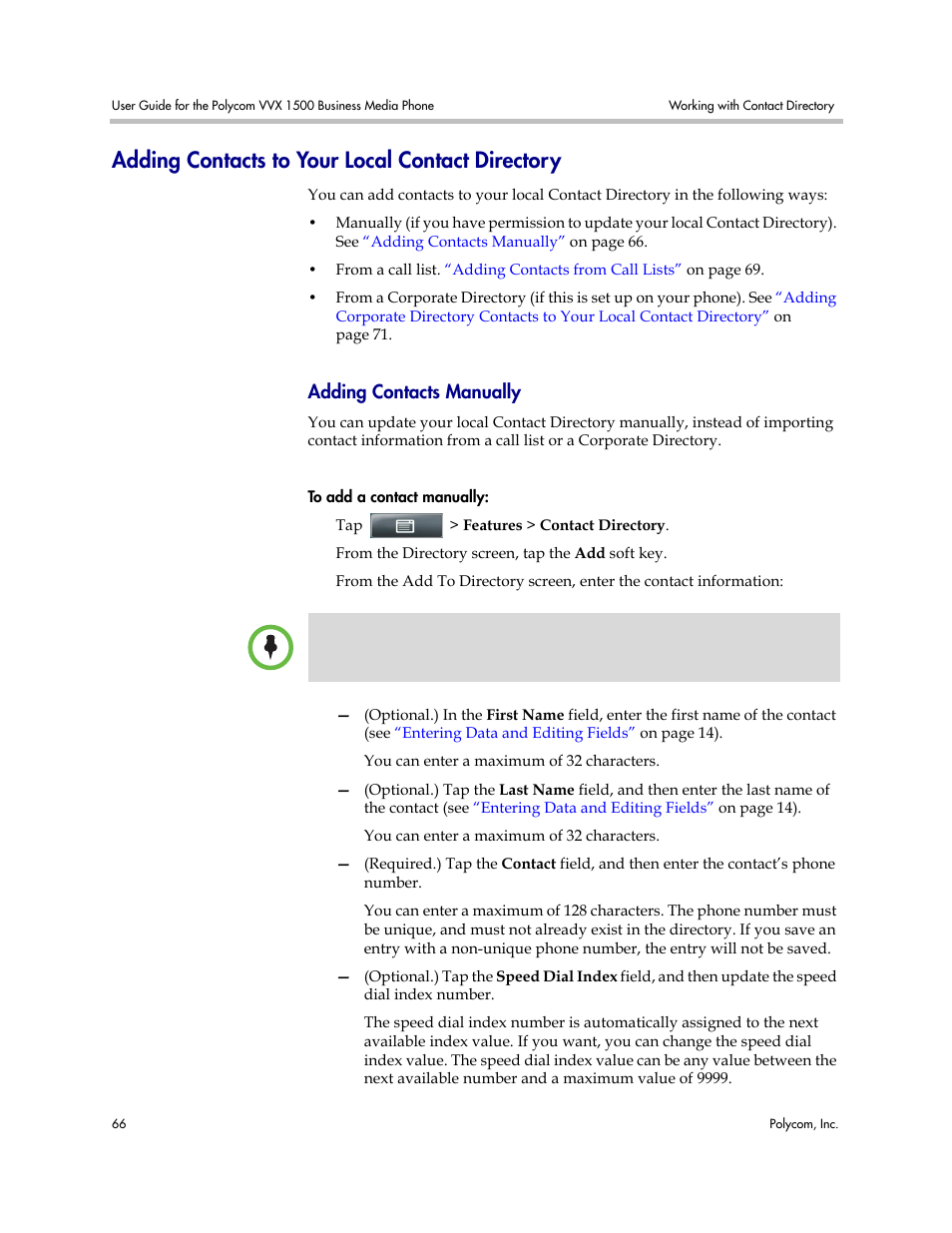 Adding contacts to your local contact directory, Adding contacts manually | Polycom VVX 1500 Business Media Phone User Manual | Page 72 / 174