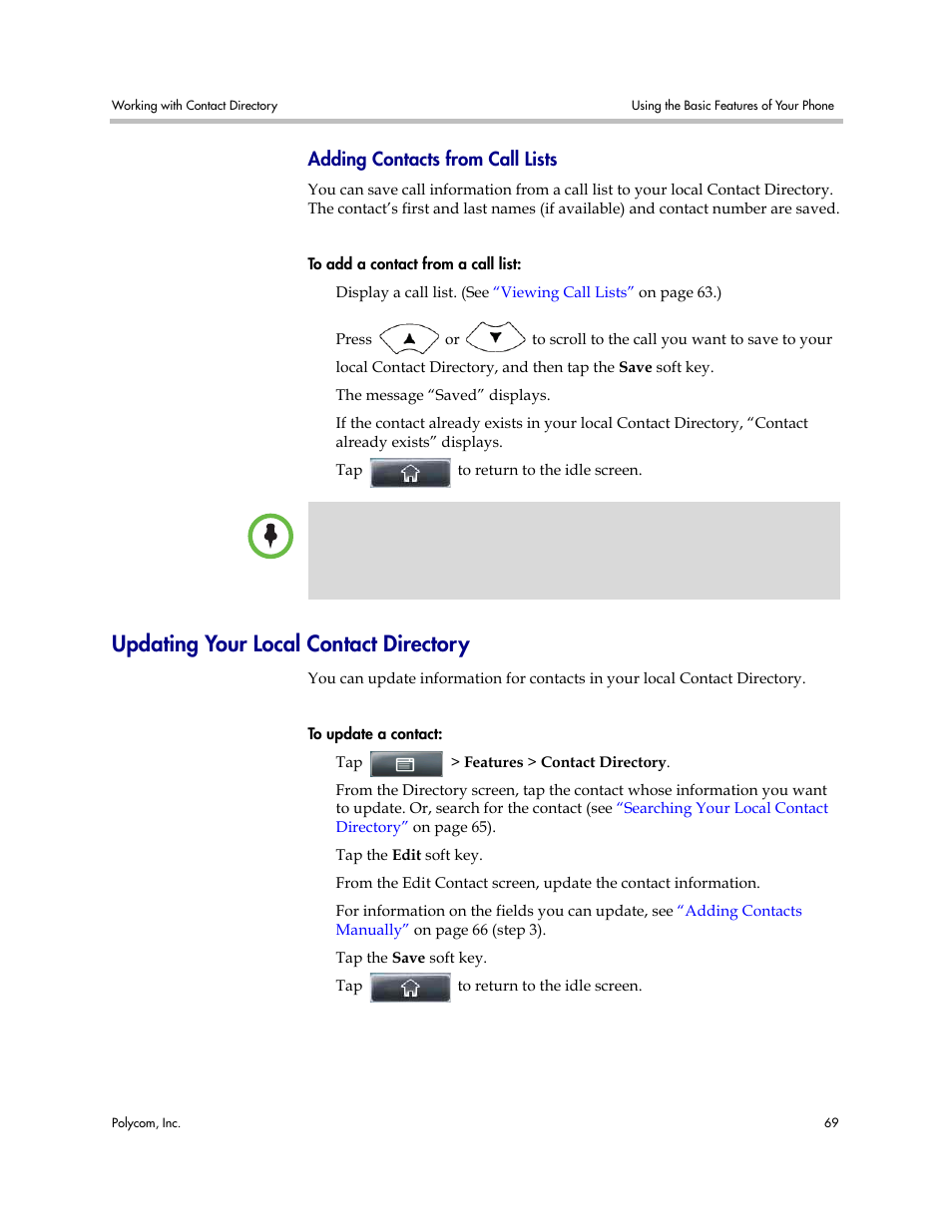 Adding contacts from call lists, Updating your local contact directory, Ating your local contact directory | Updating your local contact, Directory | Polycom VVX 1500 Business Media Phone User Manual | Page 75 / 174