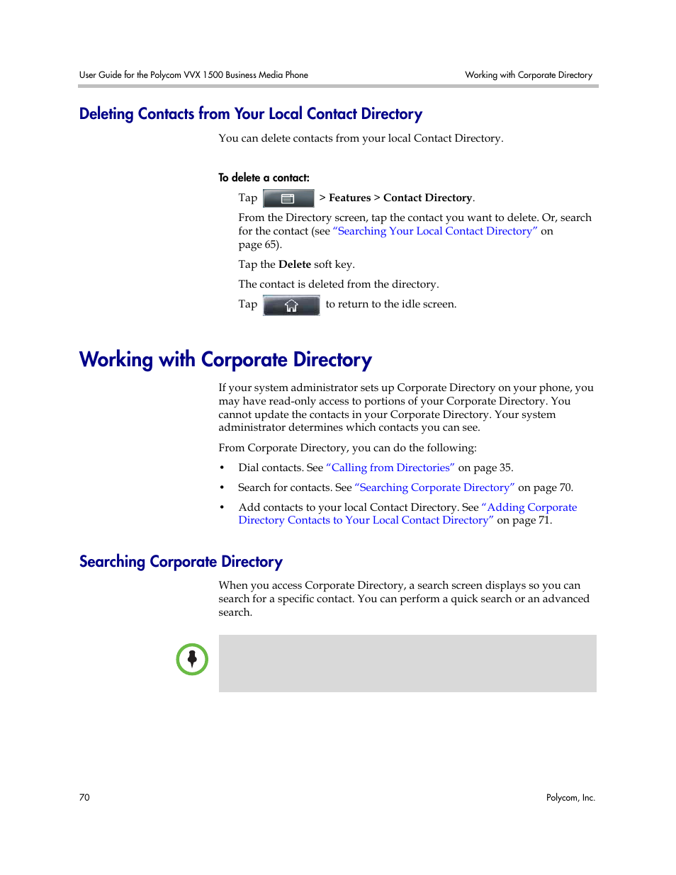 Working with corporate directory, Searching corporate directory, Searching corporate | Directory, Deleting contacts from your local contact | Polycom VVX 1500 Business Media Phone User Manual | Page 76 / 174