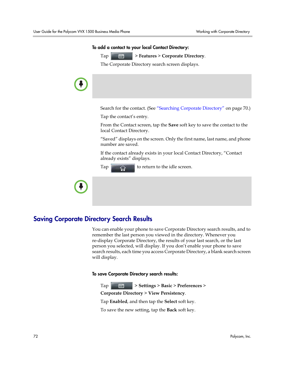 Saving corporate directory search results, Saving corporate directory search, Results | Polycom VVX 1500 Business Media Phone User Manual | Page 78 / 174