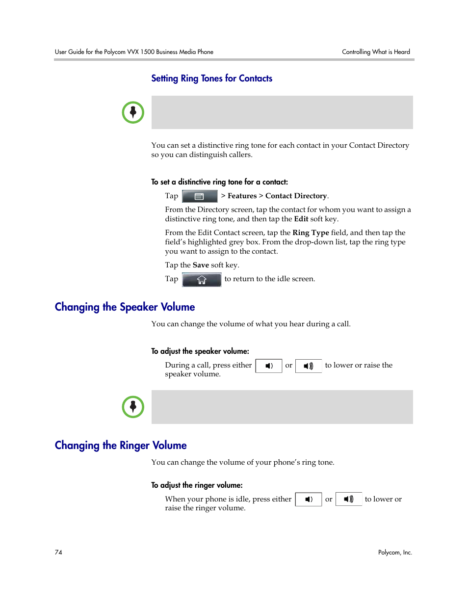 Setting ring tones for contacts, Changing the speaker volume, Changing the ringer volume | Speaker volume changing the ringer volume | Polycom VVX 1500 Business Media Phone User Manual | Page 80 / 174