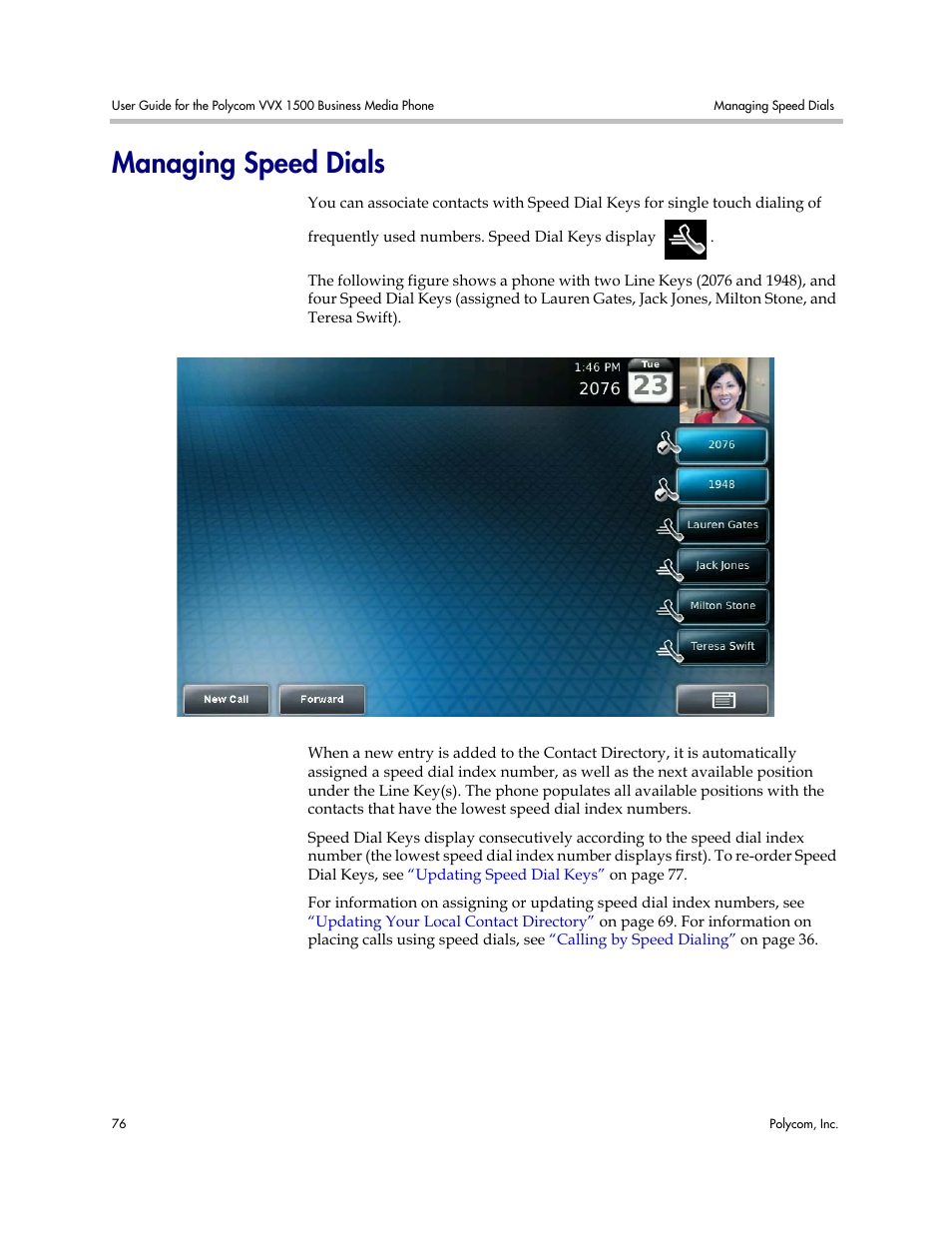 Managing speed dials | Polycom VVX 1500 Business Media Phone User Manual | Page 82 / 174