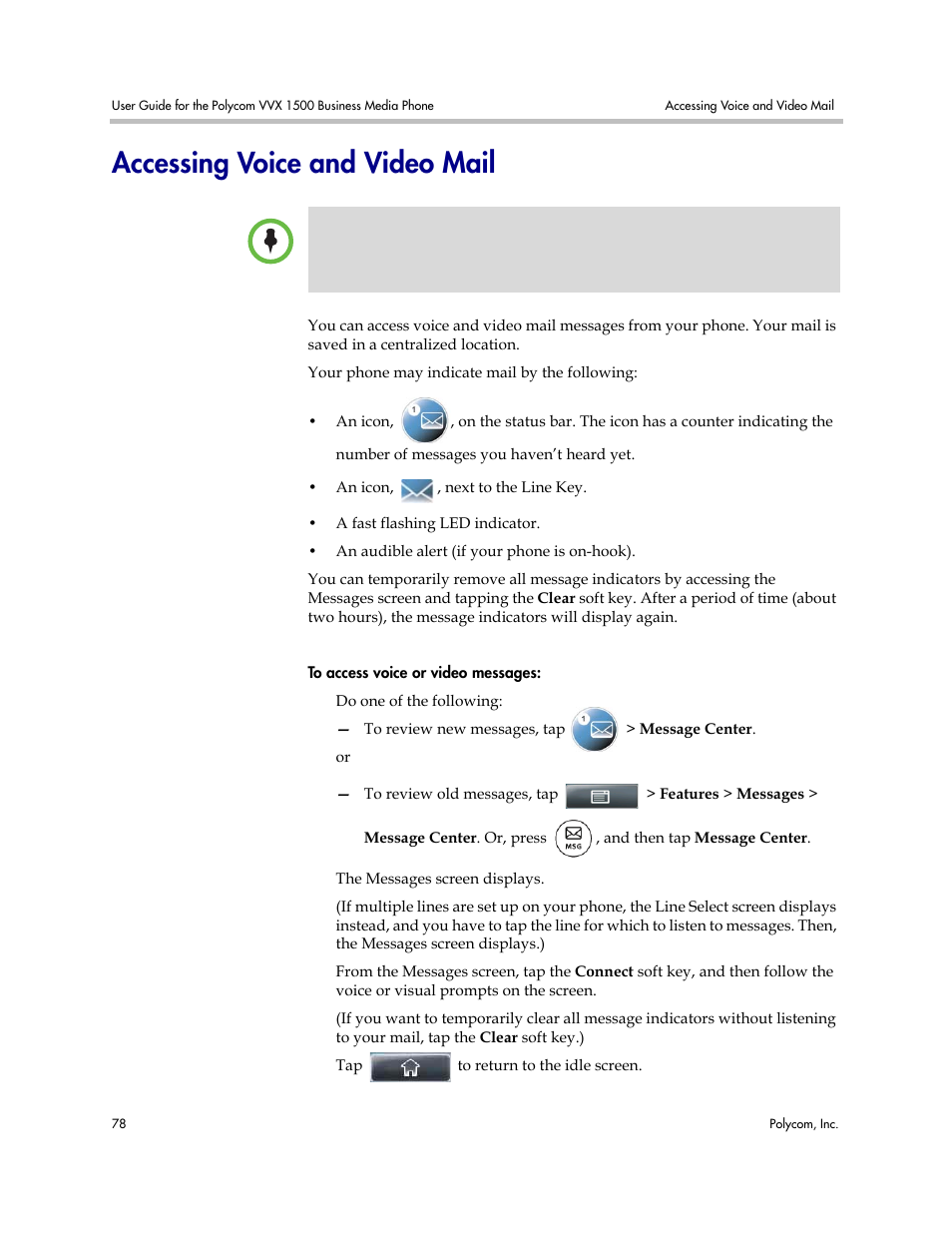 Accessing voice and video mail | Polycom VVX 1500 Business Media Phone User Manual | Page 84 / 174