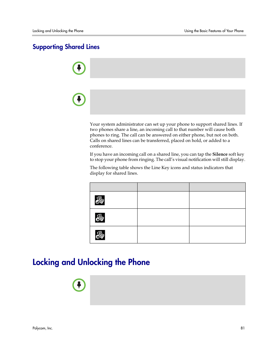 Supporting shared lines, Locking and unlocking the phone | Polycom VVX 1500 Business Media Phone User Manual | Page 87 / 174