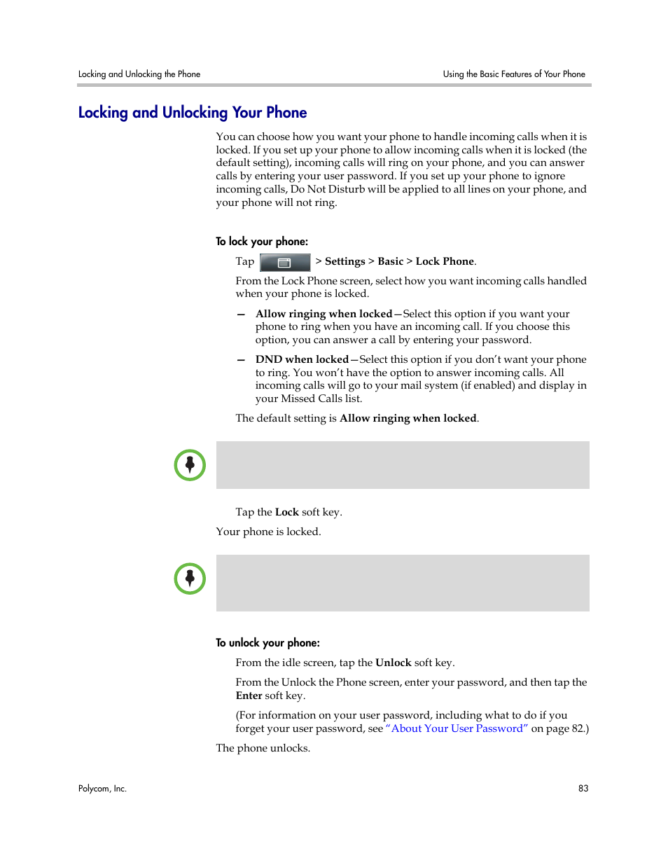 Locking and unlocking your phone | Polycom VVX 1500 Business Media Phone User Manual | Page 89 / 174