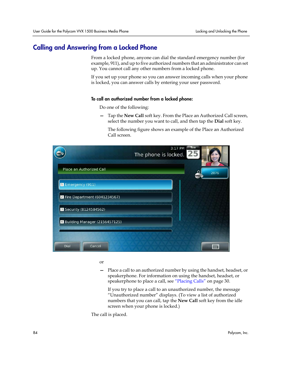 Calling and answering from a locked phone | Polycom VVX 1500 Business Media Phone User Manual | Page 90 / 174