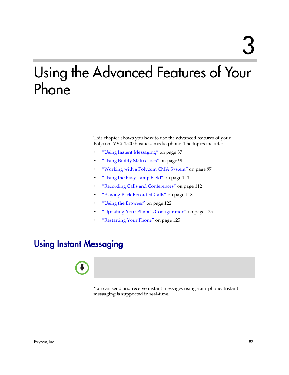 Using the advanced features of your phone, Using instant messaging | Polycom VVX 1500 Business Media Phone User Manual | Page 93 / 174