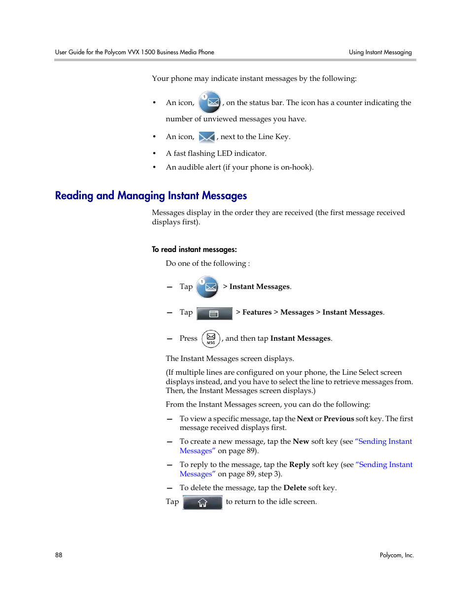 Reading and managing instant messages, Using buddy status | Polycom VVX 1500 Business Media Phone User Manual | Page 94 / 174