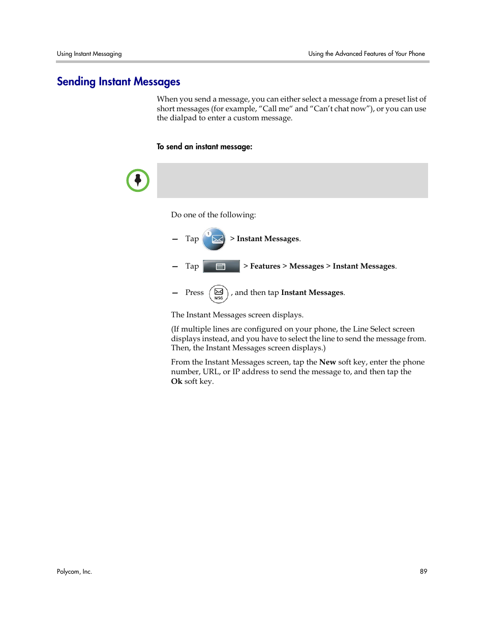 Sending instant messages, Sending instant, Messages | Polycom VVX 1500 Business Media Phone User Manual | Page 95 / 174