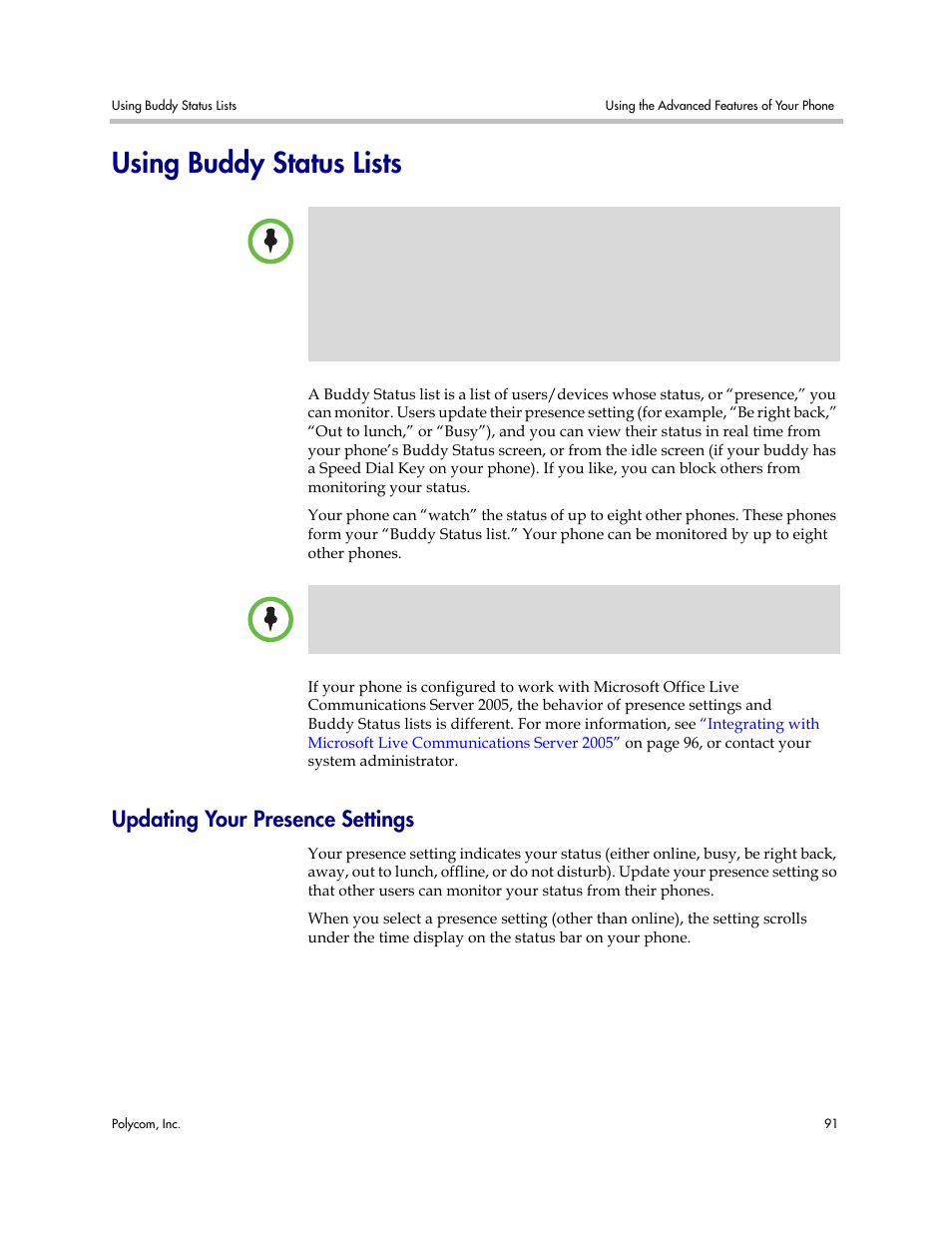 Using buddy status lists, Updating your presence settings, Lists | Polycom VVX 1500 Business Media Phone User Manual | Page 97 / 174