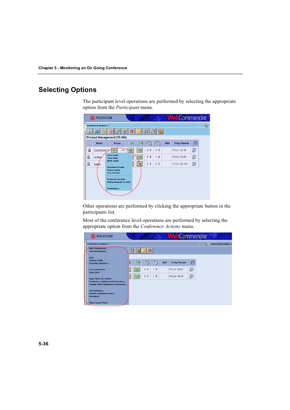 Selecting options, Selecting options -36 | Polycom WEBCOMMANDER 8 User Manual | Page 112 / 434