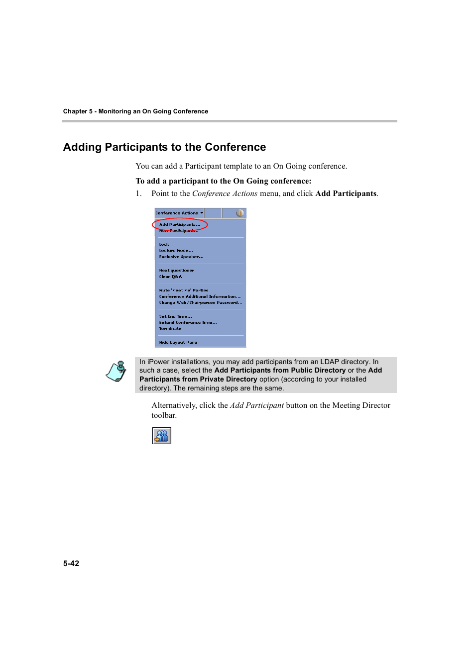 Adding participants to the conference, Adding participants to the conference -42 | Polycom WEBCOMMANDER 8 User Manual | Page 118 / 434