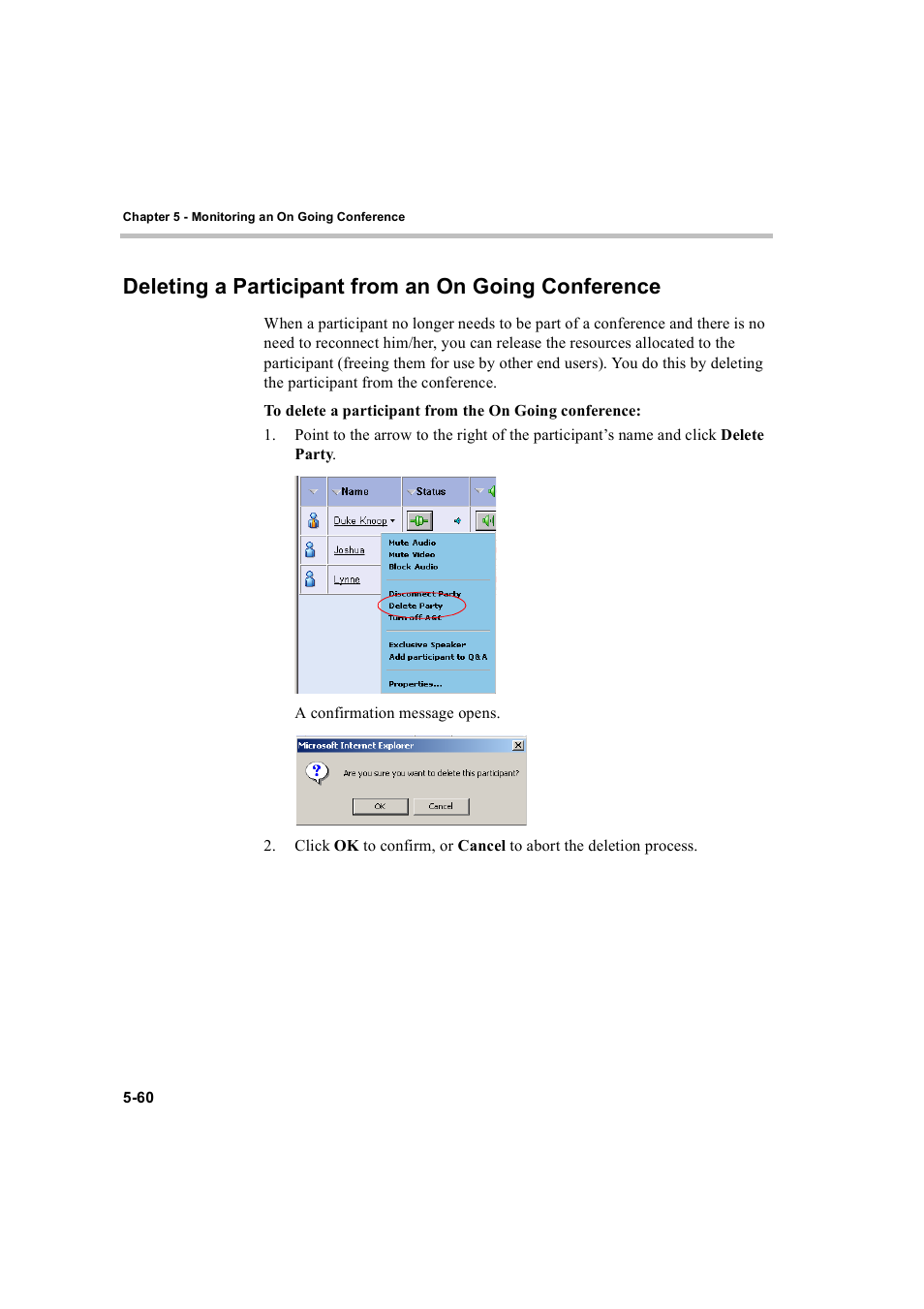Deleting a participant from an on going conference | Polycom WEBCOMMANDER 8 User Manual | Page 136 / 434