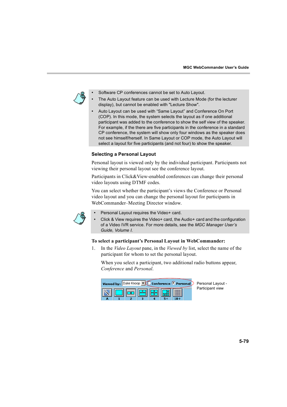 Selecting a personal layout, Selecting a personal layout -79 | Polycom WEBCOMMANDER 8 User Manual | Page 155 / 434
