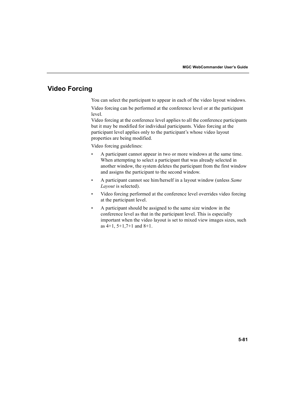 Video forcing, Video forcing -81 | Polycom WEBCOMMANDER 8 User Manual | Page 157 / 434