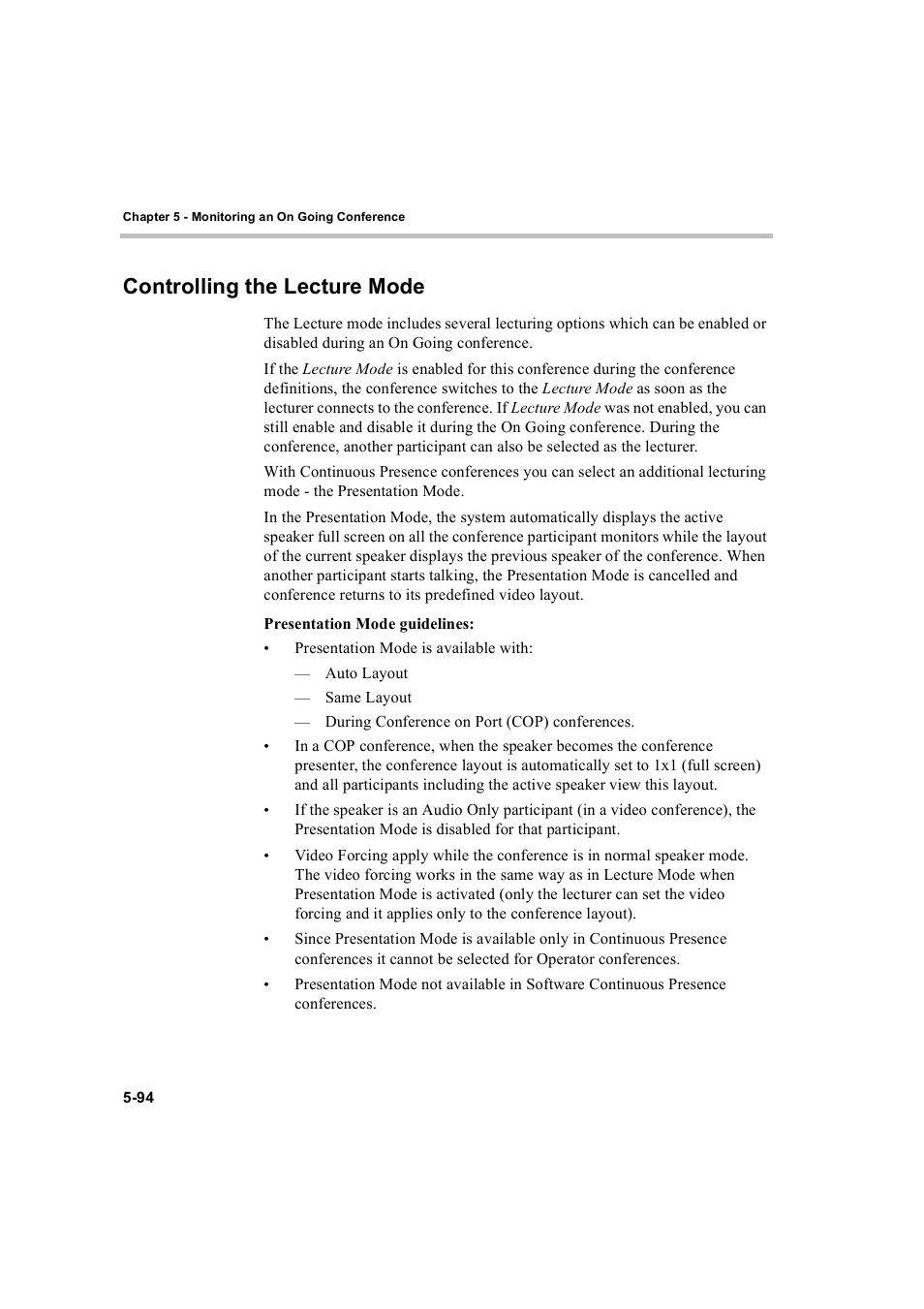 Controlling the lecture mode, Controlling the lecture mode -94 | Polycom WEBCOMMANDER 8 User Manual | Page 170 / 434