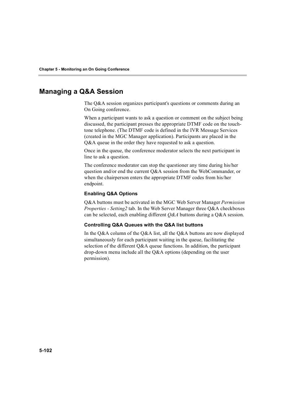 Managing a q&a session, Enabling q&a options, Controlling q&a queues with the q&a list buttons | Managing a q&a session -102 | Polycom WEBCOMMANDER 8 User Manual | Page 178 / 434