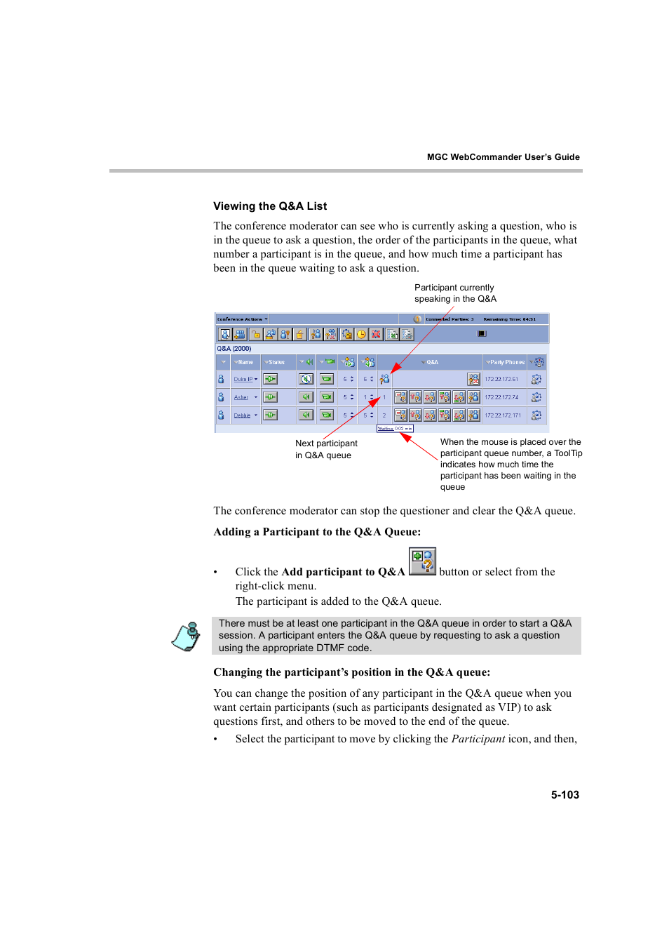 Viewing the q&a list, Viewing the q&a list -103 | Polycom WEBCOMMANDER 8 User Manual | Page 179 / 434