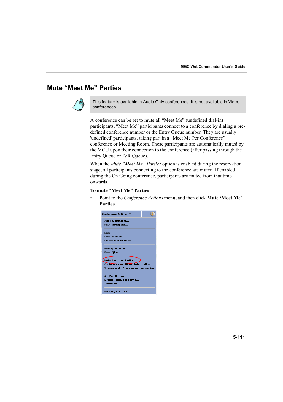 Mute “meet me” parties, Mute “meet me” parties -111 | Polycom WEBCOMMANDER 8 User Manual | Page 187 / 434