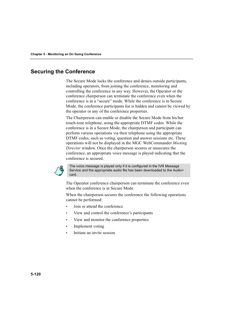 Securing the conference, Securing the conference -120 | Polycom WEBCOMMANDER 8 User Manual | Page 196 / 434