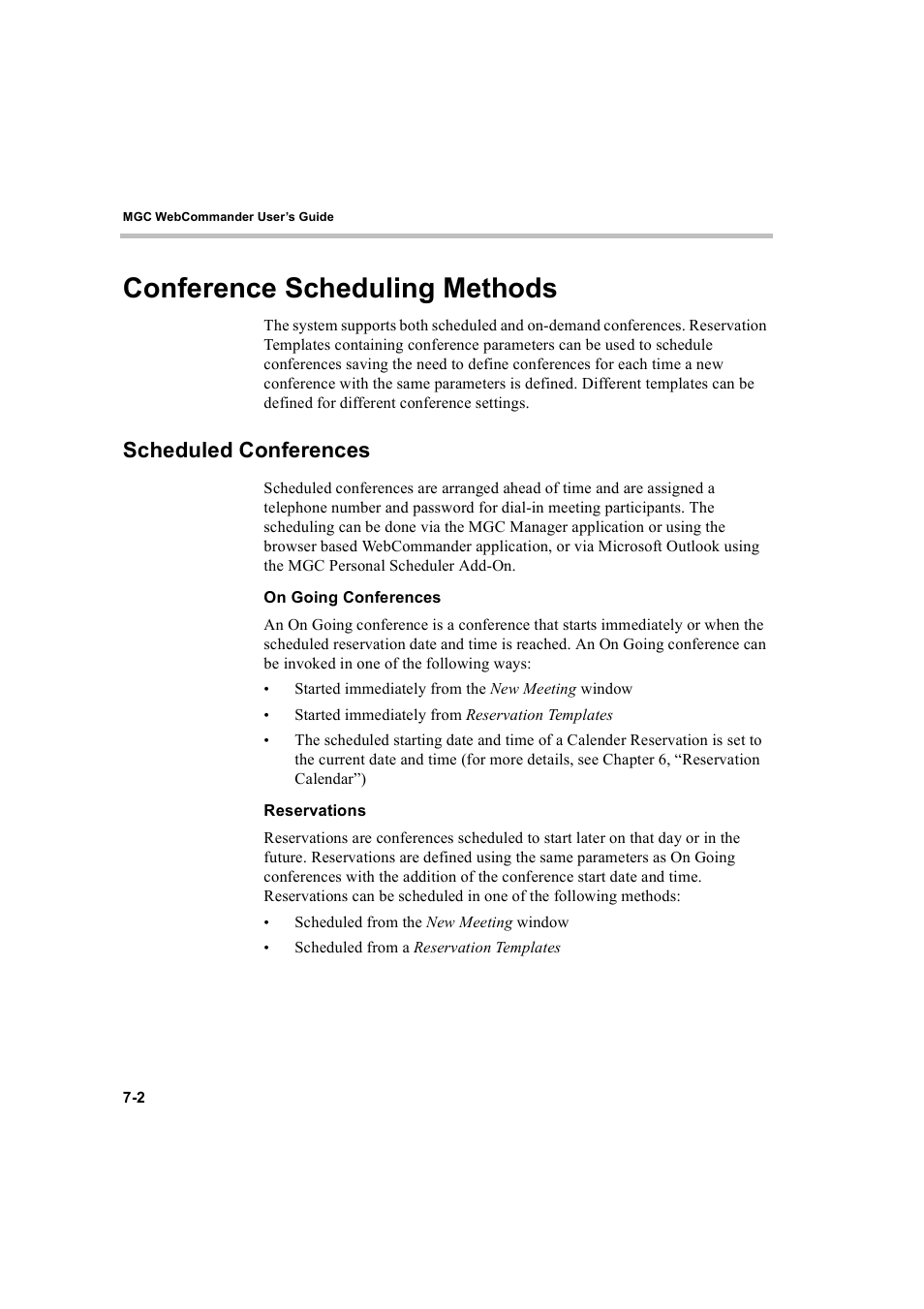 Conference scheduling methods, Scheduled conferences, On going conferences | Reservations, Conference scheduling methods -2, Scheduled conferences -2, On going conferences -2 reservations -2 | Polycom WEBCOMMANDER 8 User Manual | Page 212 / 434