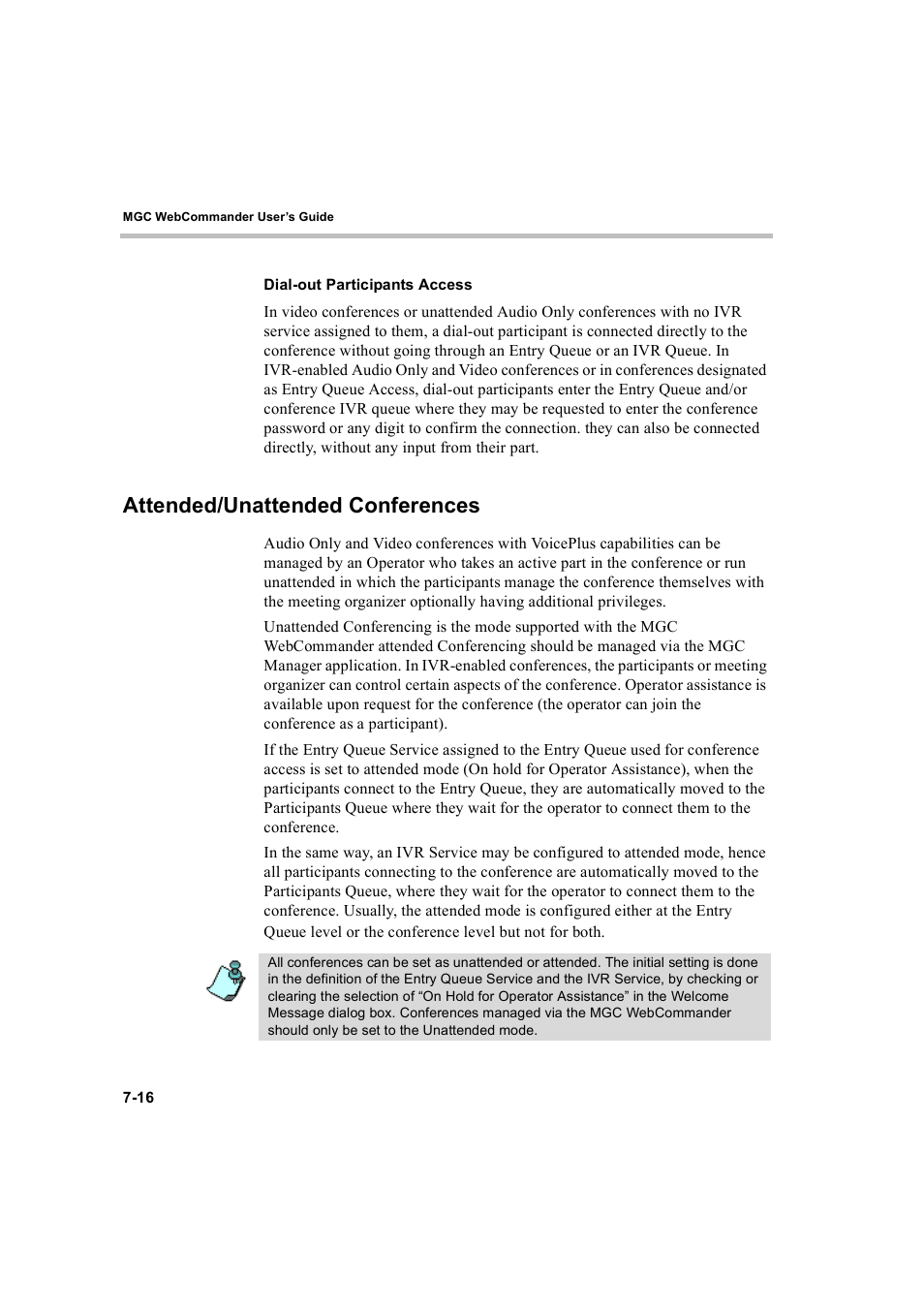 Dial-out participants access, Attended/unattended conferences, Dial-out participants access -16 | Attended/unattended conferences -16 | Polycom WEBCOMMANDER 8 User Manual | Page 226 / 434