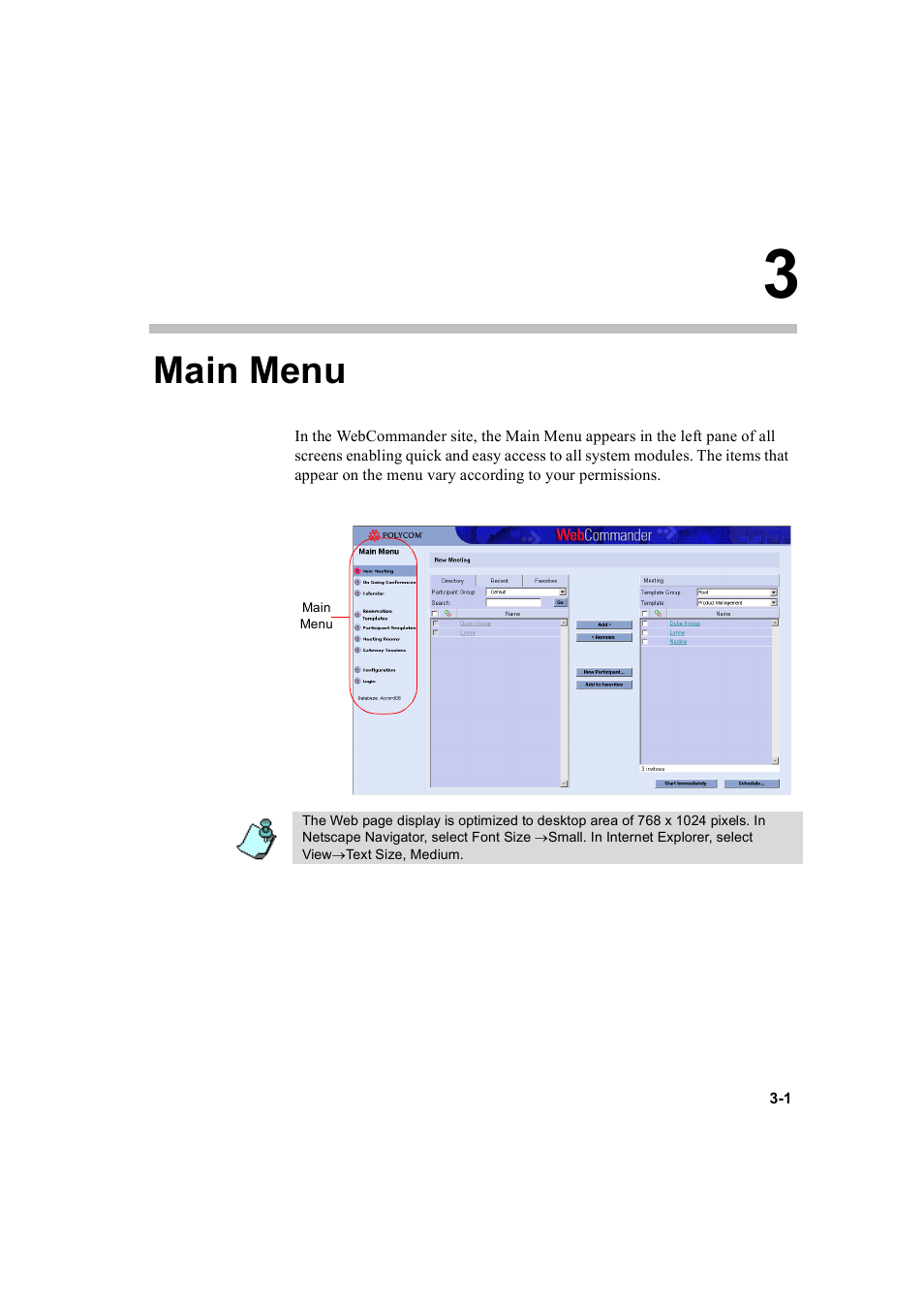 Main menu, Main menu -1 | Polycom WEBCOMMANDER 8 User Manual | Page 23 / 434