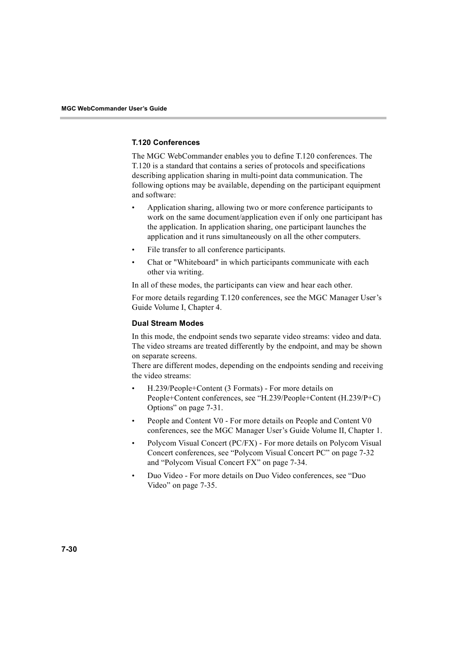 T.120 conferences, Dual stream modes, T.120 conferences -30 dual stream modes -30 | Polycom WEBCOMMANDER 8 User Manual | Page 240 / 434