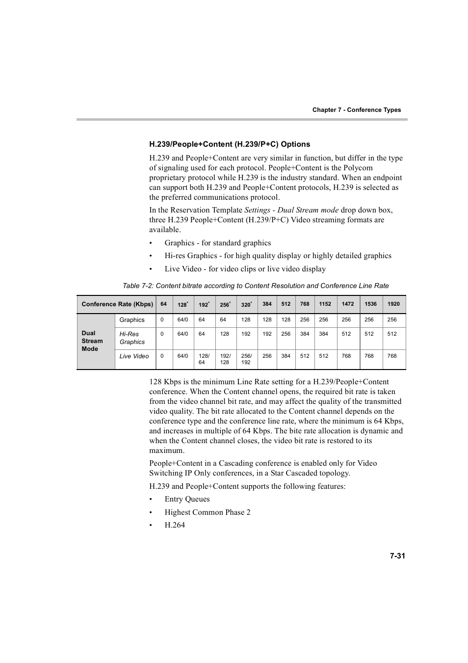 H.239/people+content (h.239/p+c) options, H.239/people+content (h.239/p+c) options -31, Graphics - for standard graphics | Entry queues, Highest common phase 2, H.264 | Polycom WEBCOMMANDER 8 User Manual | Page 241 / 434