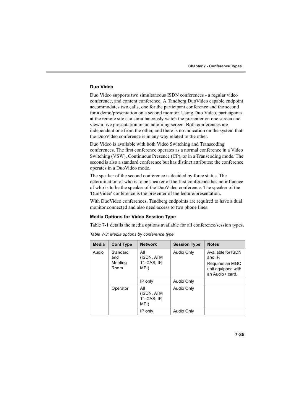 Duo video, Media options for video session type | Polycom WEBCOMMANDER 8 User Manual | Page 245 / 434