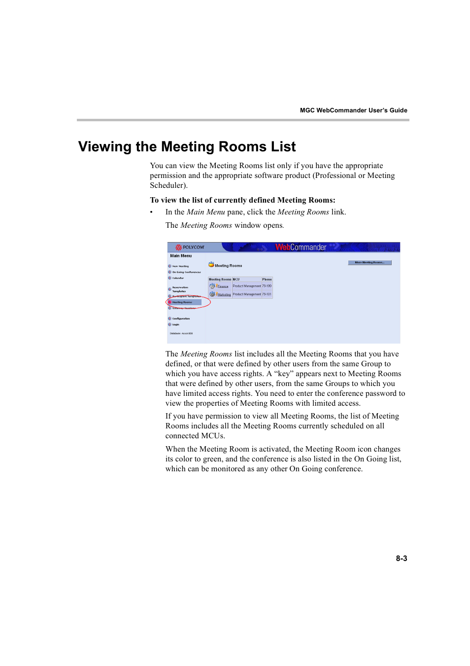 Viewing the meeting rooms list, Viewing the meeting rooms list -3 | Polycom WEBCOMMANDER 8 User Manual | Page 253 / 434