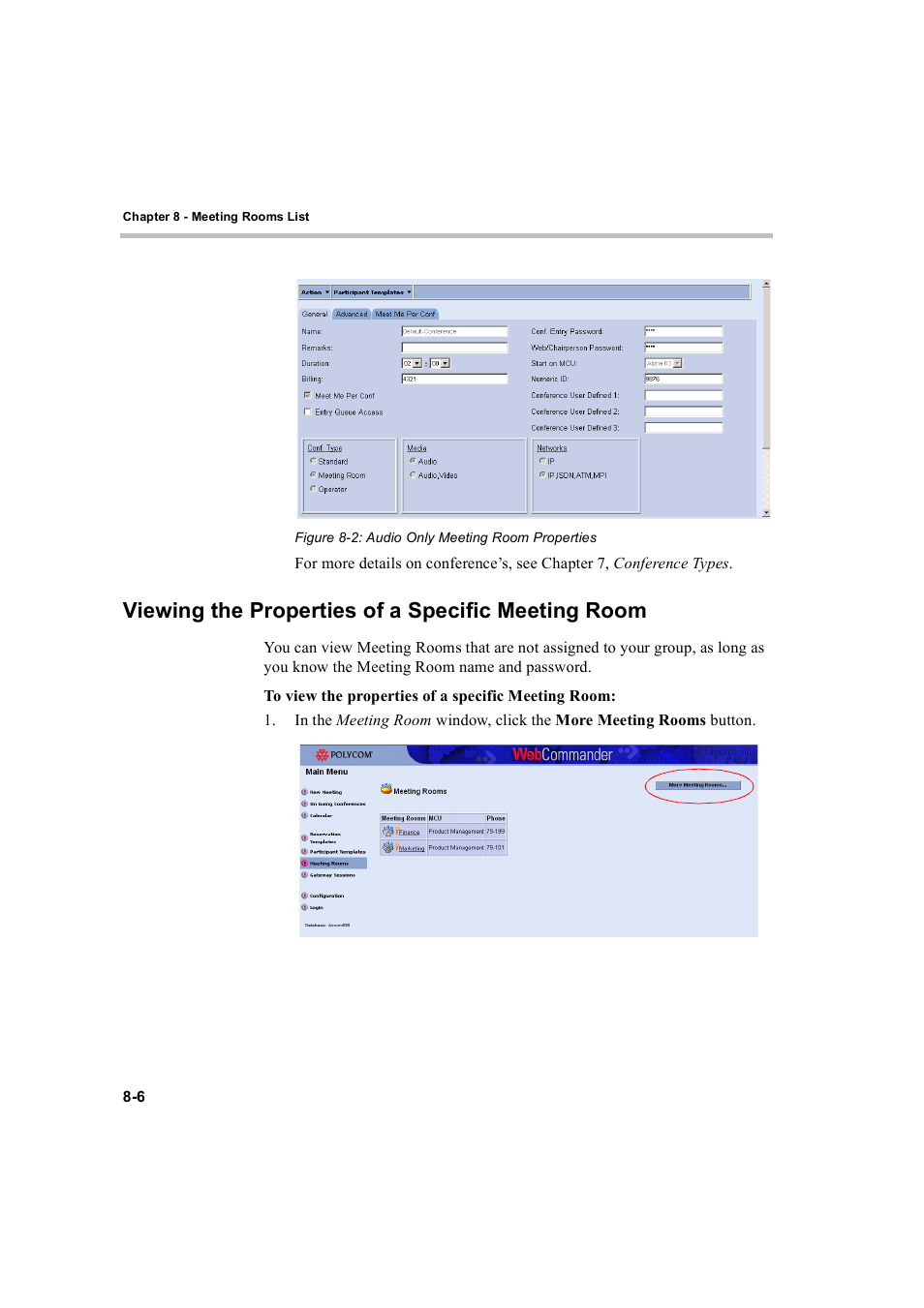Viewing the properties of a specific meeting room | Polycom WEBCOMMANDER 8 User Manual | Page 256 / 434