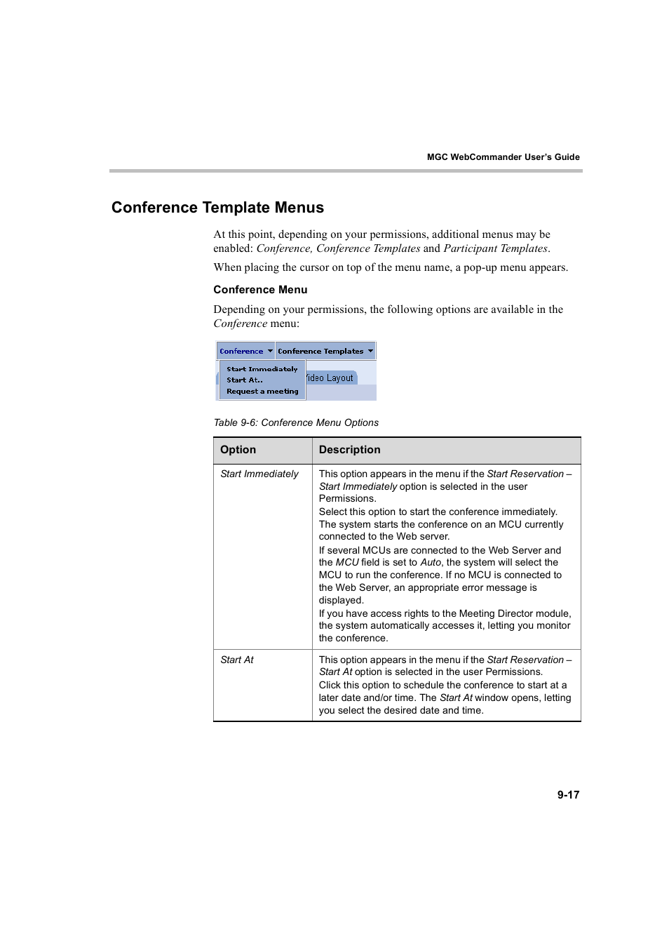 Conference template menus, Conference menu, Conference template menus -17 | Conference menu -17 | Polycom WEBCOMMANDER 8 User Manual | Page 275 / 434