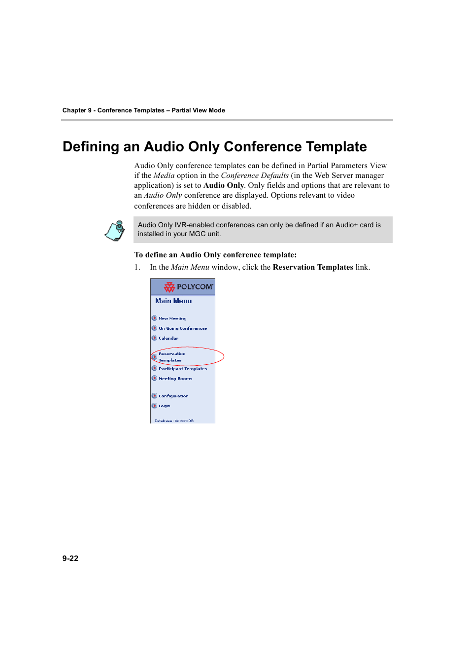Defining an audio only conference template, Defining an audio only conference template -22 | Polycom WEBCOMMANDER 8 User Manual | Page 280 / 434