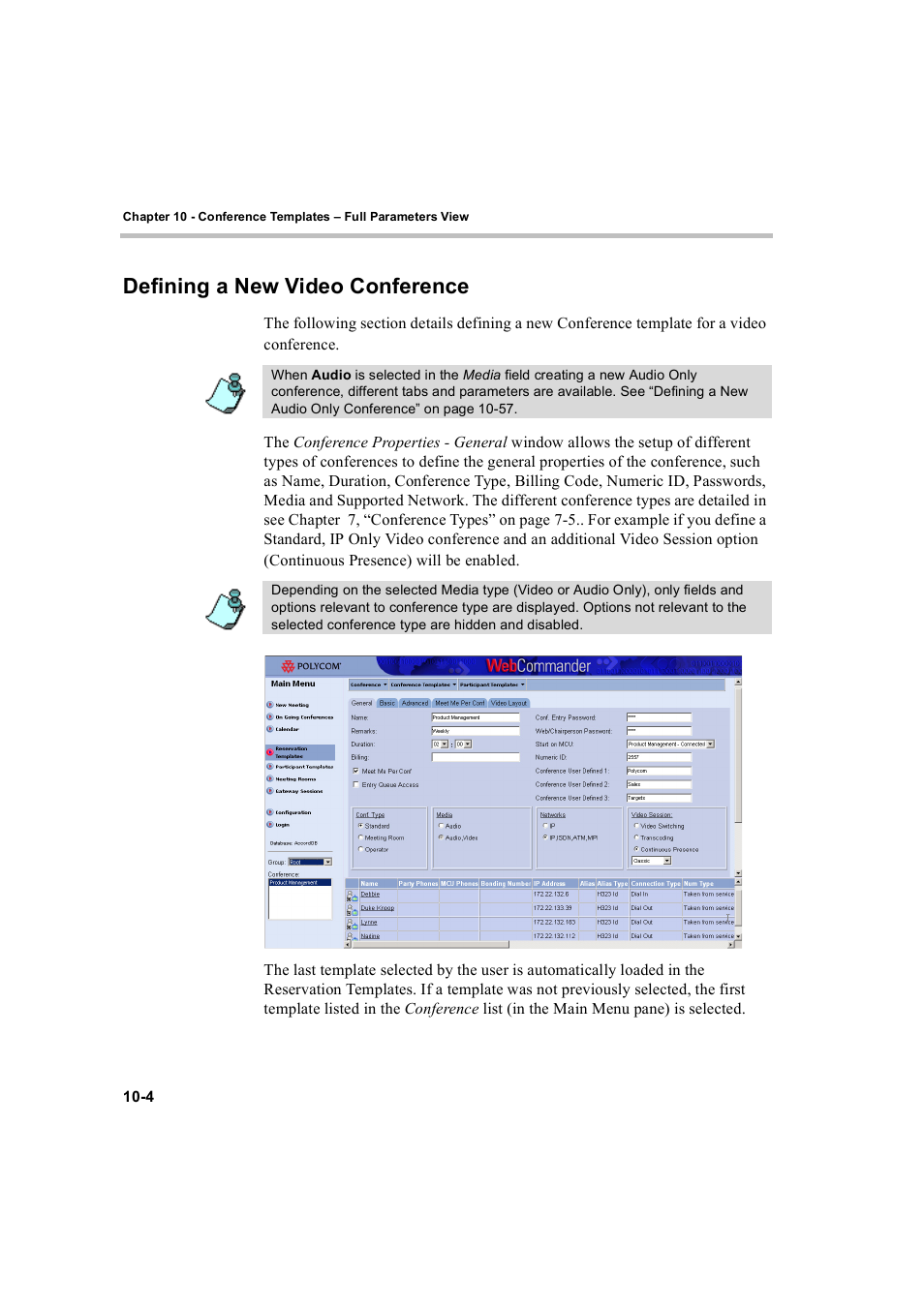 Defining a new video conference, Defining a new video conference -4 | Polycom WEBCOMMANDER 8 User Manual | Page 290 / 434