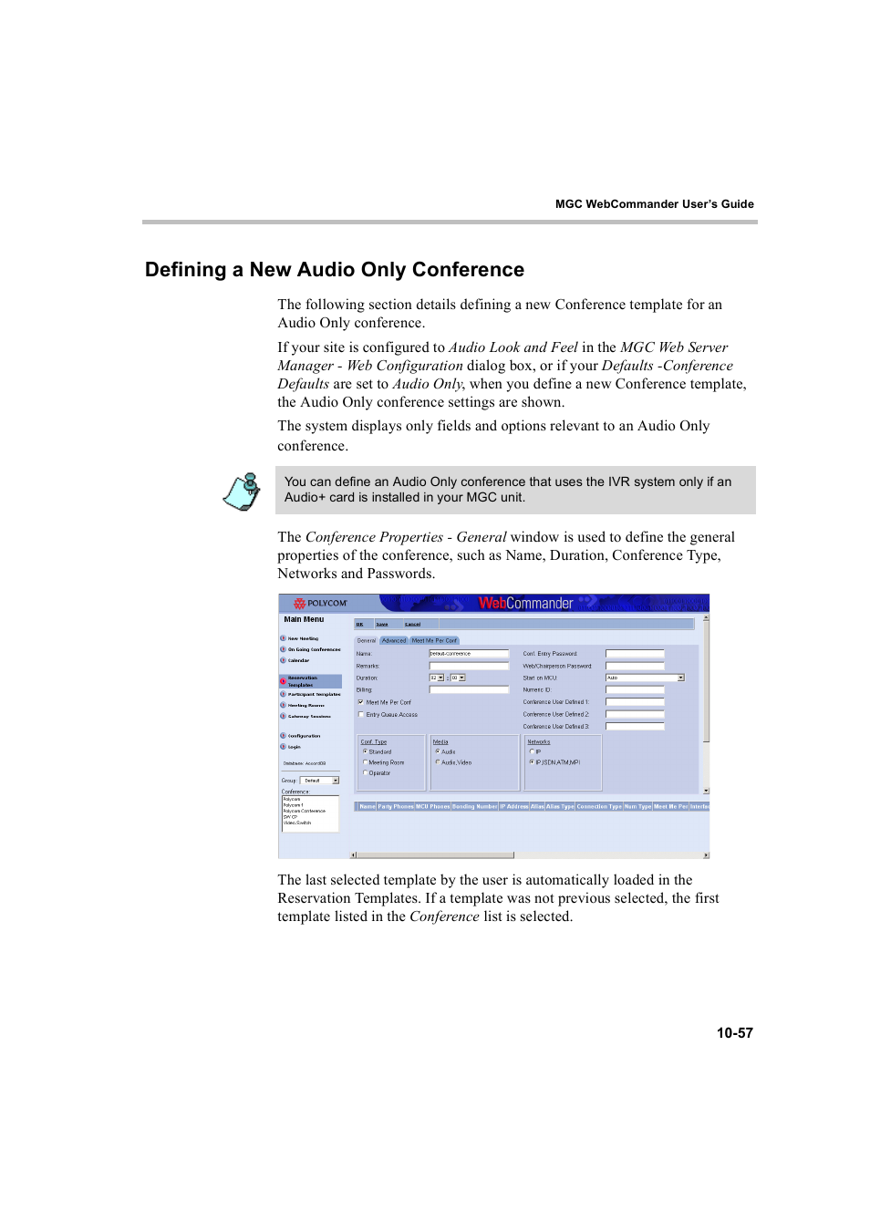 Defining a new audio only conference, Defining a new audio only conference -57 | Polycom WEBCOMMANDER 8 User Manual | Page 343 / 434