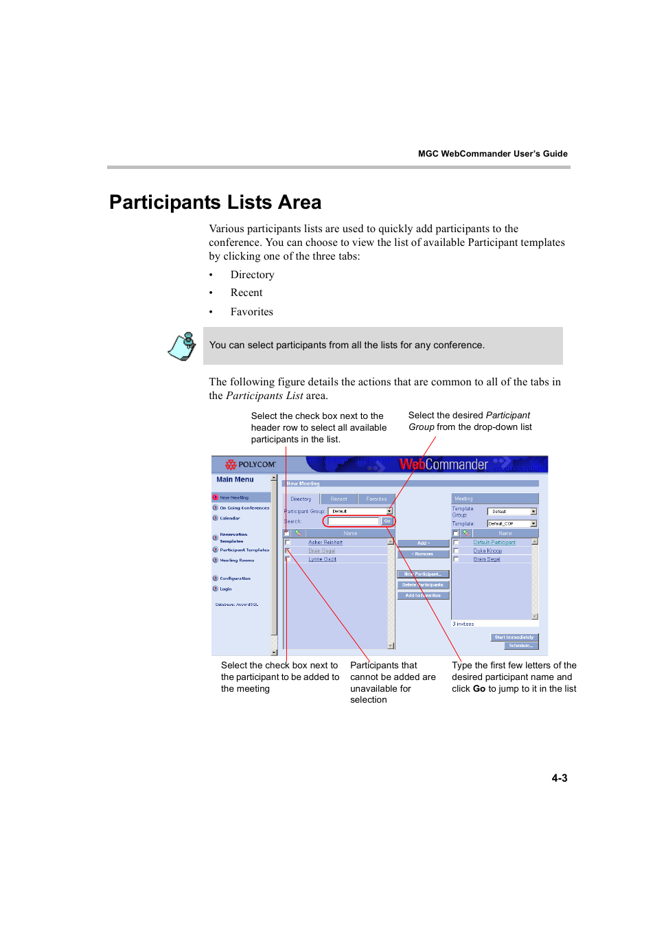 Participants lists area, Participants lists area -3 | Polycom WEBCOMMANDER 8 User Manual | Page 35 / 434