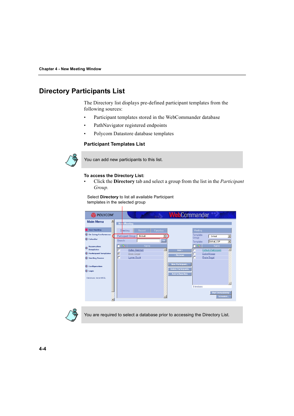 Directory participants list, Participant templates list, Directory participants list -4 | Participant templates list -4 | Polycom WEBCOMMANDER 8 User Manual | Page 36 / 434