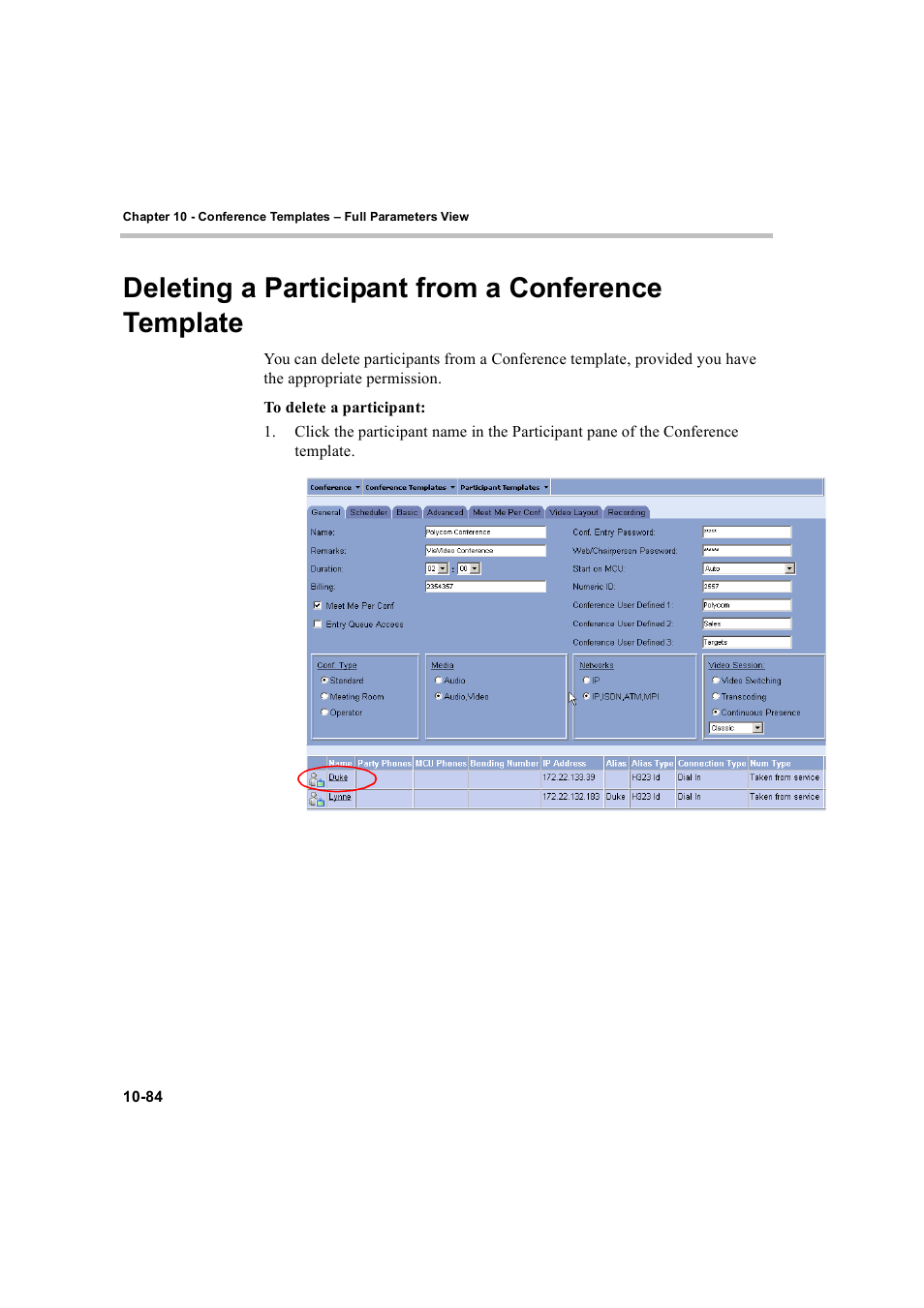 Deleting a participant from a conference template | Polycom WEBCOMMANDER 8 User Manual | Page 370 / 434