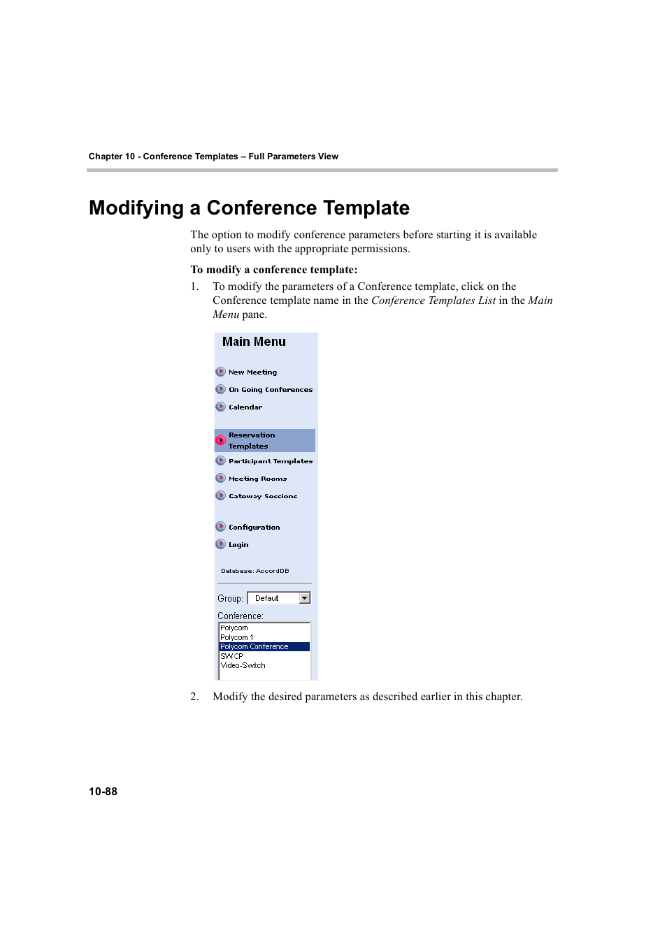 Modifying a conference template, Modifying a conference template -88 | Polycom WEBCOMMANDER 8 User Manual | Page 374 / 434