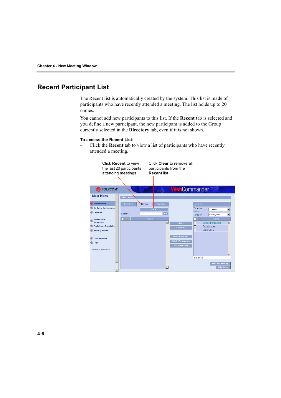 Recent participant list, Recent participant list -6 | Polycom WEBCOMMANDER 8 User Manual | Page 38 / 434