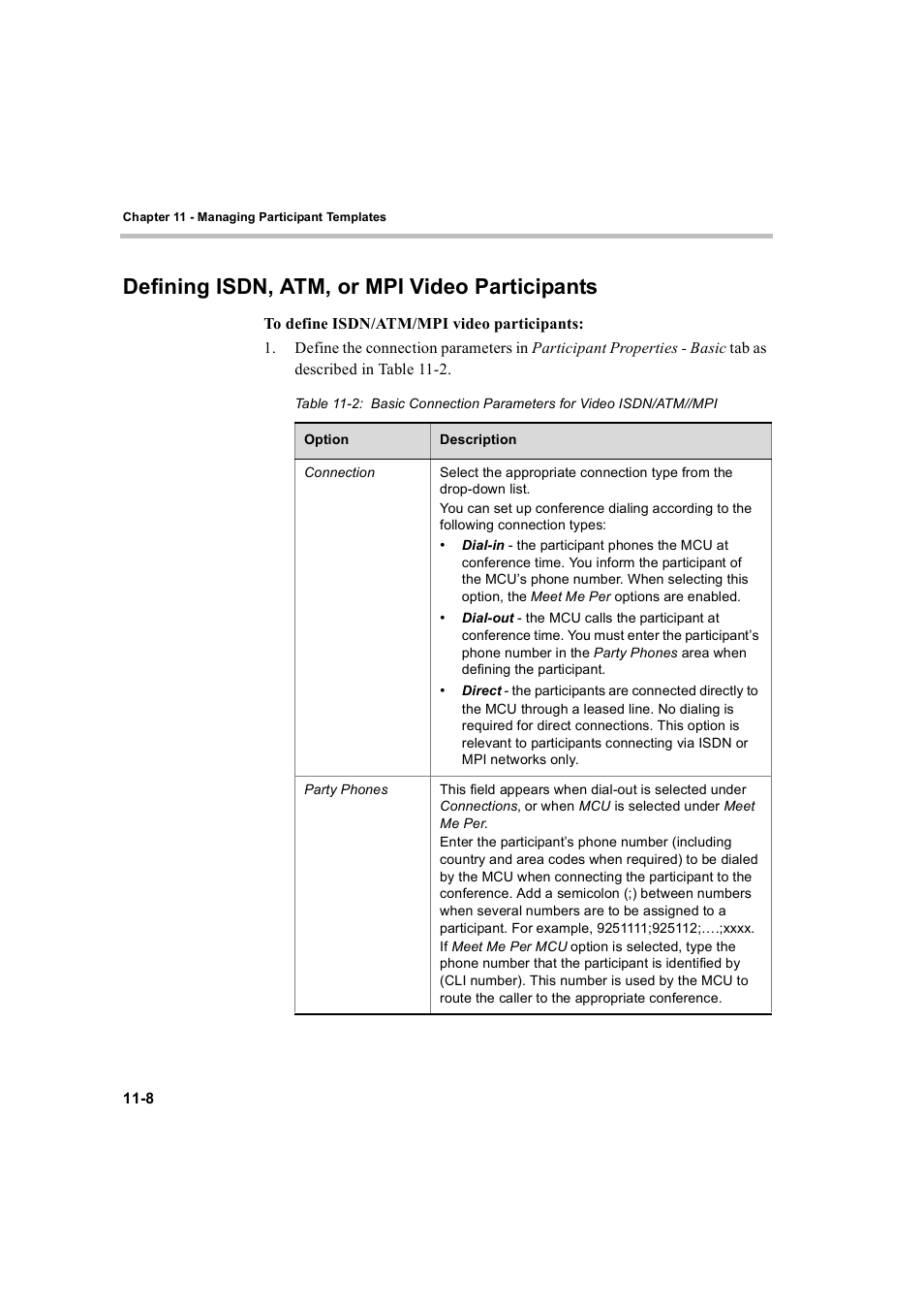 Defining isdn, atm, or mpi video participants, Defining isdn, atm, or mpi video participants -8 | Polycom WEBCOMMANDER 8 User Manual | Page 384 / 434
