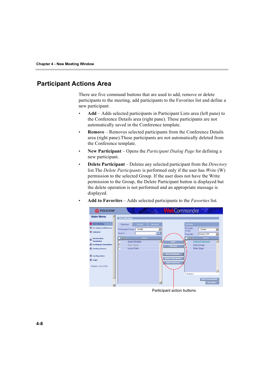 Participant actions area, Participant actions area -8 | Polycom WEBCOMMANDER 8 User Manual | Page 40 / 434