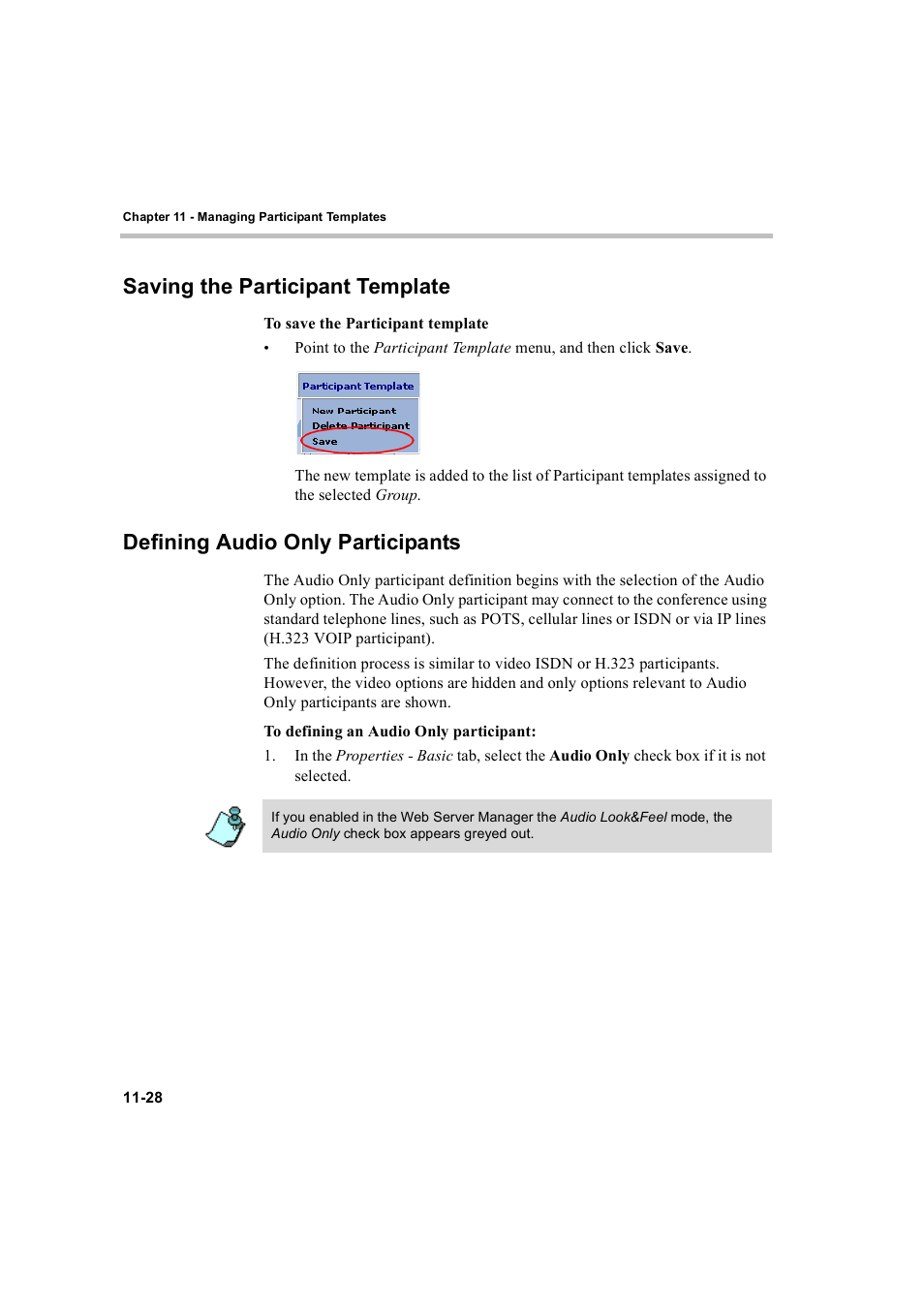 Saving the participant template, Defining audio only participants | Polycom WEBCOMMANDER 8 User Manual | Page 404 / 434
